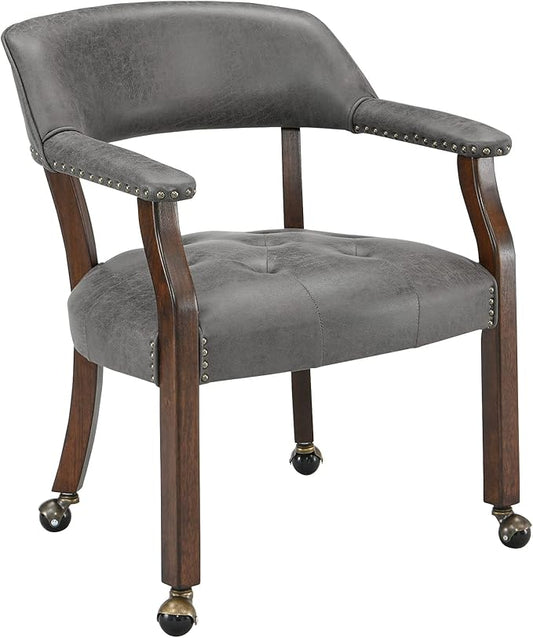 LEEMTORIG Large Dining Chairs with Casters and Arms, Rolling Dining Chairs with Wheels, Accent Wood Boss Caption's Chairs, 26" D x 25.2" W x 31.5" H, Cherry Legs & Dark Grey Fabric SY-1533-GY