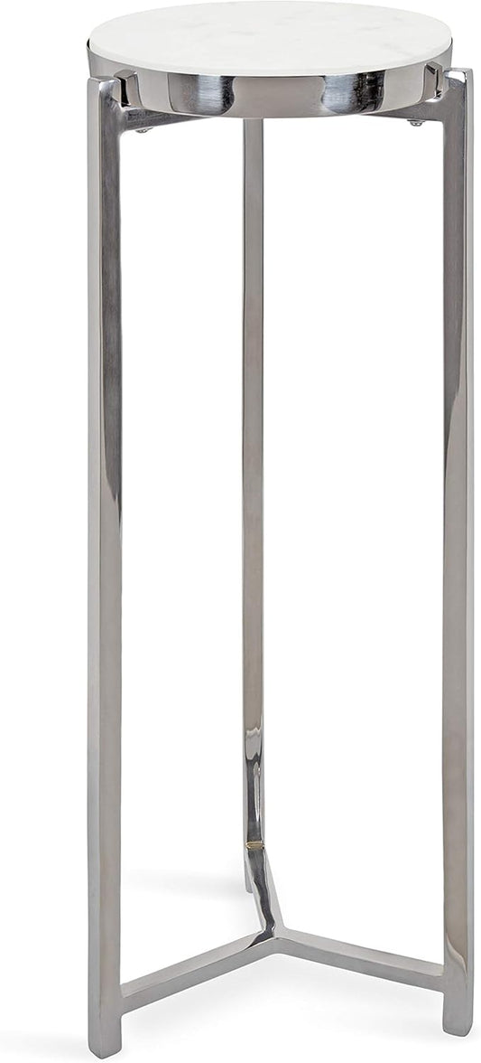 Kate and Laurel Aguilar Glam Round Drink Table, 8 x 8 x 23, Silver and White, Small Accent Table for Use as Plant Pedestal Stand with Marble Tabletop
