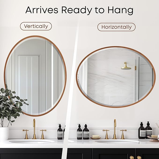 OVALCREST - Oval Wooden Beveled Wall Mirror for Home Decor, Bathroom, Vanity, Bedroom, Living Room, Hallway - London Style (Gold Spray) 31.1 x 41.1