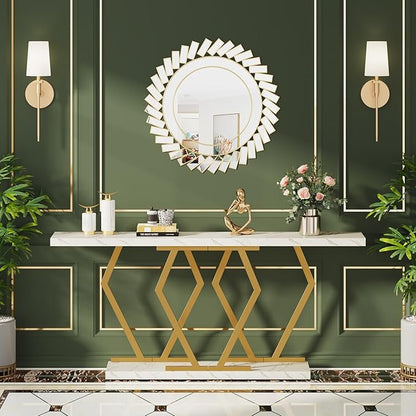 Tribesigns 70.9 Inch Extra Long Sofa Table， White and Gold Console Table with Faux Marble Tabletop, Modern Long Entryway Table with Gold Frame