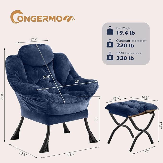 Lazy Chair with Folding Ottoman,Leisure Sofa Chair,Soft Fabric Armchair with Armrests and Side Pockets, Reading Chair with Footrest for Living Room, Bedroom, Office (Plush Navy)
