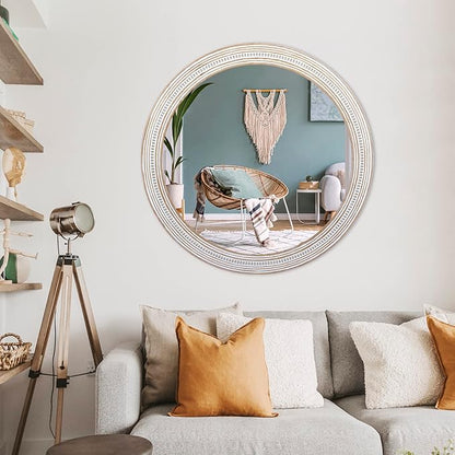 32 Inches Farmhouse Round Wood Mirrors for Wall Decor, Rustic Decorative Circle Mirror for Bathroom, Living Room, Foyer, Entryway