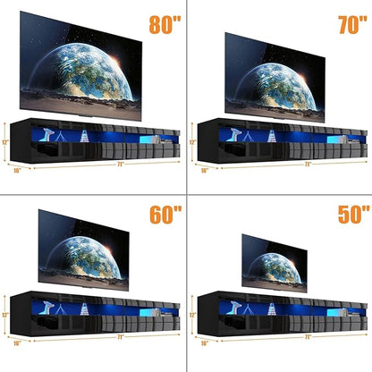 Floating TV Stand with Led Lights, 71 inch Wall Mounted TV Shelf with Power Outlet, Modern Entertainment Center Media Console with Storage Cabinet, Up to 80 Inch TVS, Black