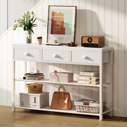 Furologee White Entryway Table, 38'' Console Sofa Table with 3 Fabric Drawers, Industrial Entry Way Table with Storage Shelves, Display Shelf for Living Room, Hallway, Entrance, Foyer