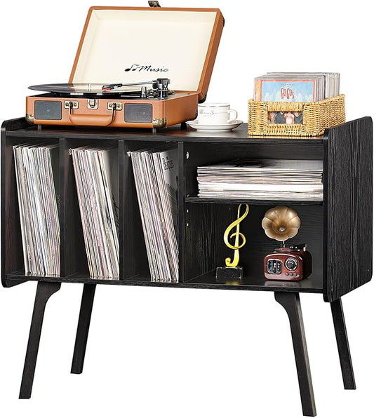 Lerliuo Record Player Stand with 4 Cabinet Holds Up to 220 Albums, Large Turntable Stand with Beech Wood Legs, Mid-Century Record Player Table,Black Vinyl Holder Storage Shelf for Bedroom Living Room
