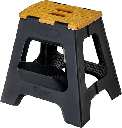 Vigar Compact Step Stool Foldable, 16-inch Two-Step Stools for Adults up to 330 Pound, Lightweight Stool, Non-Slip Folding Step Stool, Black, Bamboo Print on Top