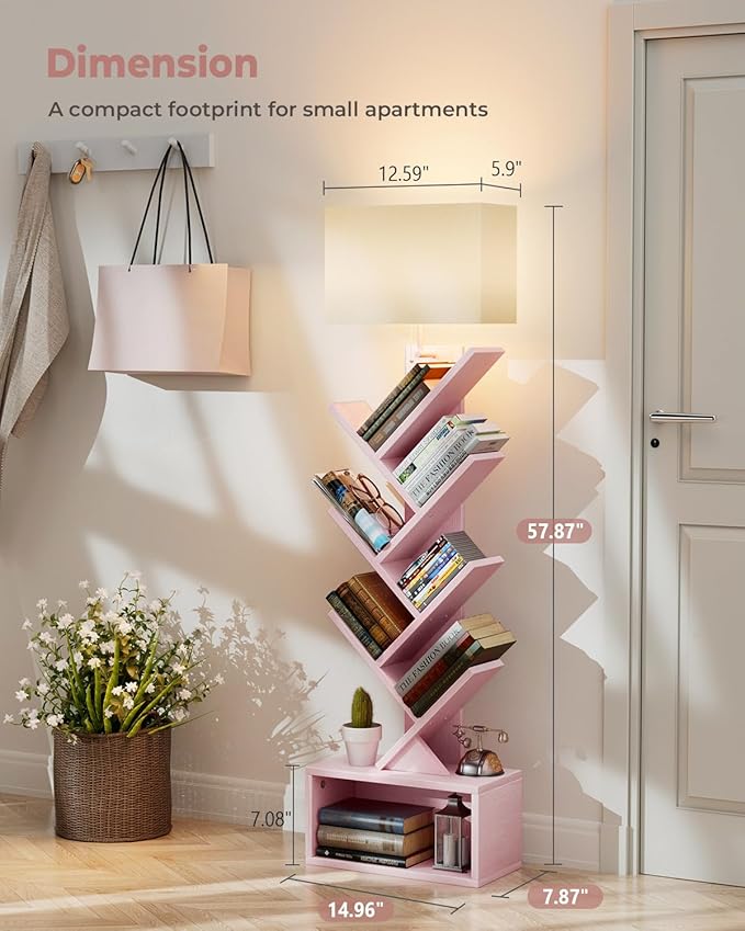 6 Tier Tree Bookshelf with Light, Narrow Bookcase Tower, Tall Floor Standing Book Shelf Organizer with Storage Cabinet for Living Room, Bedroom and Home Office, Pink