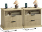 VASAGLE MAXE Collection - Set of 2 Nightstands with Charging Station, Bedside Table, Side End Table with 2 Drawers, Open Shelf, 2 AC Outlets, 2 USB Ports, Transitional, Bedroom, Oak Beige ULET926Y01