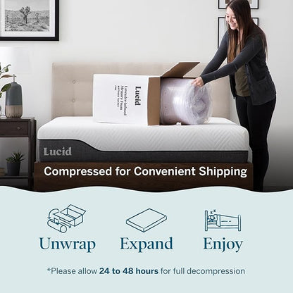 Lucid 4 Inch Lavender Infused Memory Foam Mattress Topper - Ventilated Design – Pressure Relieving Bed Topper - Mattress Pad – CertiPur Certified - Queen Size