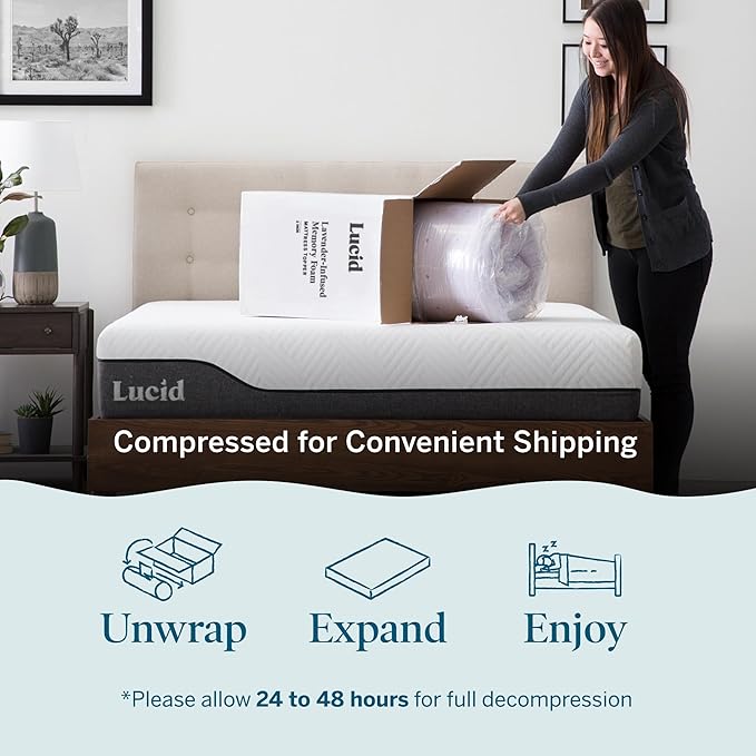 Lucid 3 Inch Lavender Infused Memory Foam Mattress Topper - Ventilated Design – Pressure Relieving Bed Topper - Mattress Pad – CertiPur Certified - Full Size