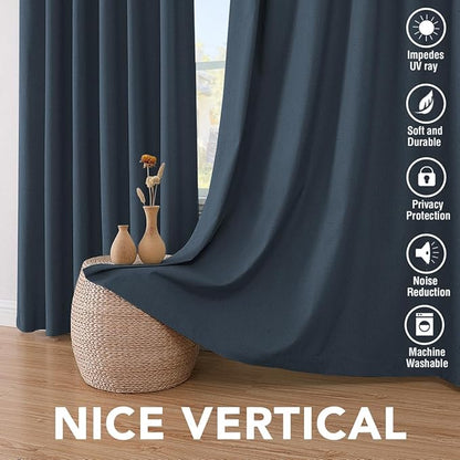 H.VERSAILTEX Linen Blackout Curtains 96 Inches Long 100% Absolutely Blackout Thermal Insulated Textured Linen Look Curtain Draperies Anti-Rust Grommet, Energy Saving with White Liner, 2 Panels, Navy