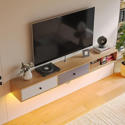 Modern Floating TV Stand with Doors, 47 Inch Wall Mounted TV Console,Floating Media Console Cabinet Under TV Shelf for Living Room Bedroom,Natural