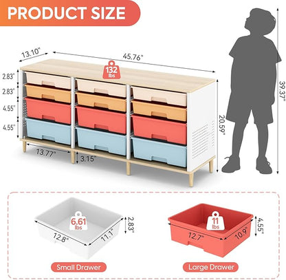 12-Drawer Storage Cabinet with Wooden Tabletop, Versatile Cube Storage Organizer Bin Storage for Home, Office, Playroom, Classroom & Craft Room Storage (Rainbow)
