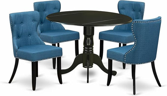 East West Furniture DLSI5-BLK-21 5 Piece Dining Room Table Set Includes a Round Kitchen Table with Dropleaf and 4 Blue Linen Fabric Parson Dining Chairs, 42x42 Inch, Black