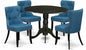 East West Furniture DLSI5-BLK-21 5 Piece Dining Room Table Set Includes a Round Kitchen Table with Dropleaf and 4 Blue Linen Fabric Parson Dining Chairs, 42x42 Inch, Black