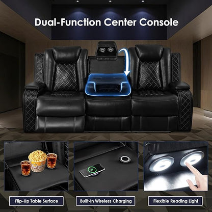 PU Leather Power Reclining Sofa Set for Home Theater, Chair, Loveseat & Couch with Wireless Charging, USB Ports, Cup Holders, LED Lights, Storage Console