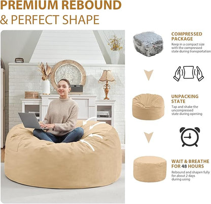 4FT Bean Bag Chair, Large Bean Bag Chairs with Memory Foam Filled, Fluffy Beanbag Sofa with Dutch Velvet Cover, Round BeanBag Chairs for Living Room, Playroom - Khaki