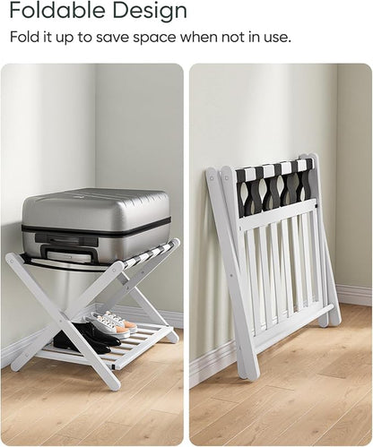 2 Packs Fully Assembled White Luggage Racks with Shoe Shelf, Folding Suitcase Stand with 5 Straps, Wooden Luggage Stand Ideal for Guest Room, Bedroom, Hotel