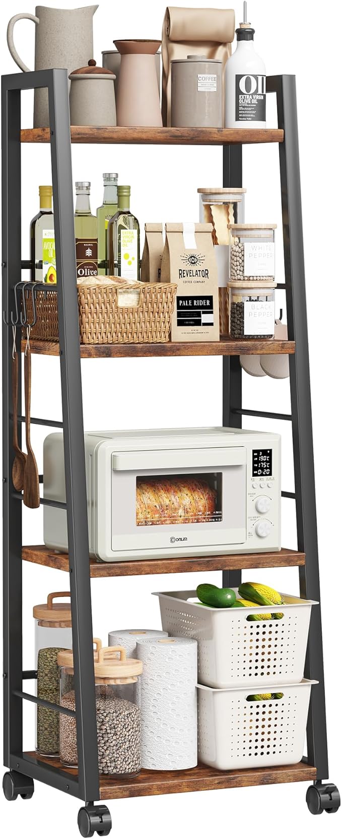 4 Tier Kitchen Storage Cart with Lockable Wheels & 6 Hooks, Mobile Utility Organizer Rolling Cart for Small Spaces, Bar Cart for Kitchen and Living Room, Rustic Brown