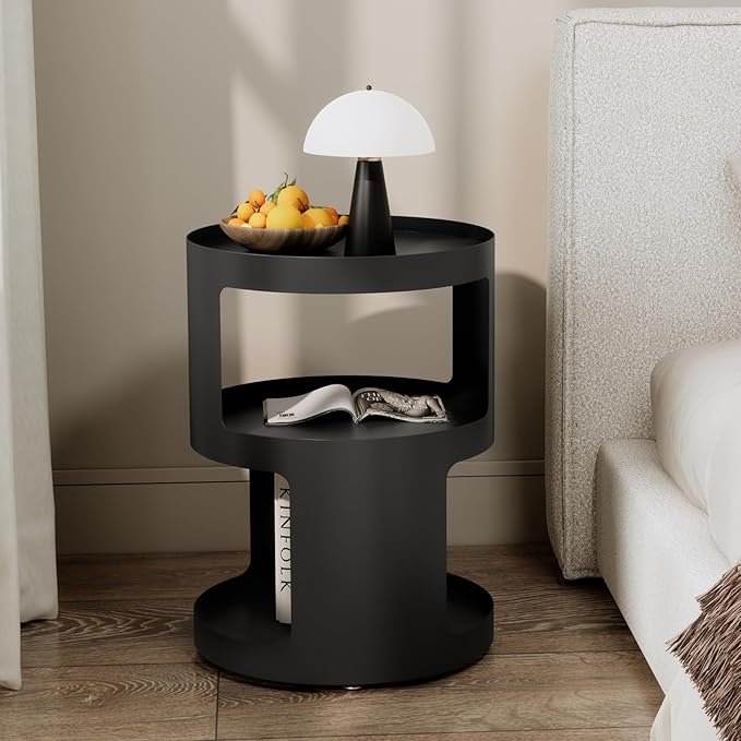 XIV Side Table, Round End Table, Modern Nightstand, Metal Accent Table, Small Bed Side Table for Living Room Bedroom, Bedside Table, Night Stand, No Assembly Required (Black, Round)