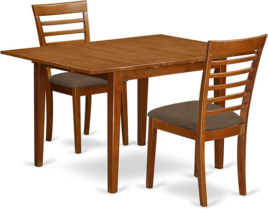 East West Furniture MILA3-SBR-C 3 Piece Dining Room Table Set Contains a Rectangle Kitchen Table with Butterfly Leaf and 2 Linen Fabric Upholstered Chairs, 36x54 Inch, Saddle Brown