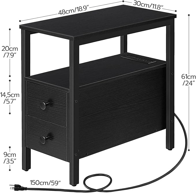 HOOBRO End Table with Charging Station, Narrow Side Table with 2 Drawer & USB Ports & Power Outlets, Nightstand for Small Spaces, Stable and Sturdy, for Living Room, Bedroom, Black BK541BZ01