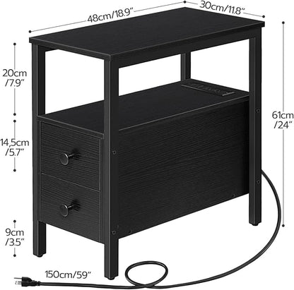 HOOBRO End Table with Charging Station, Narrow Side Table with 2 Drawer & USB Ports & Power Outlets, Nightstand for Small Spaces, Stable and Sturdy, for Living Room, Bedroom, Black BK541BZ01