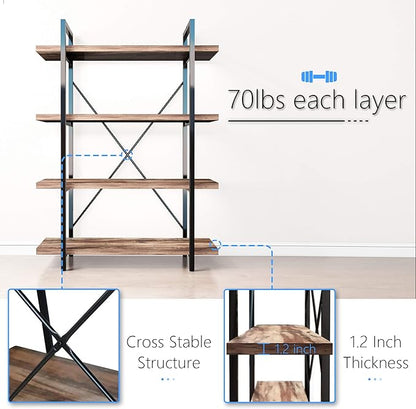45MinST 4-Tier Vintage Industrial Style Bookcase/Metal and Wood Bookshelf Furniture for Collection,Vintage Brown, 3/4/5 Tier (4-Tier)
