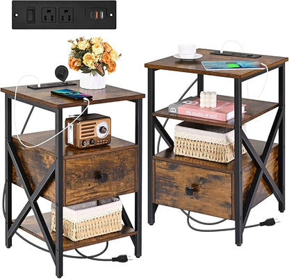 Nightstand Set of 2 with Charging Station and USB Ports, End Table Set of 2 with Outlets, Bedside Table End Tables with Drawer, Small Night Stand for Bedroom, Side Table, Living Room, Brown