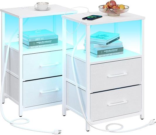 TUTOTAK LED End Table with Charging Station, Nightstand with Cloth Drawer, Side Table with 1 USB Port and 1 Type-C Port, Set of 2, Couch Table, White TB01BW052L