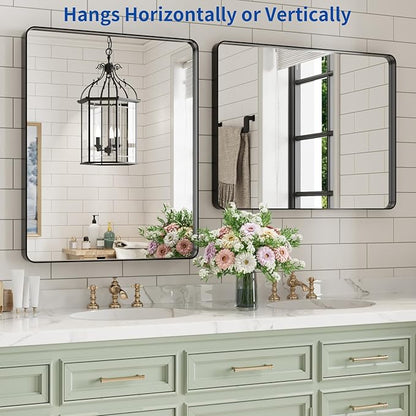 WEER Black Bathroom Mirror for Wall, 24X30 Inch Matte Black Mirror, Rectangular Black Metal Framed Vanity Mirror with Tempered Glass, Rounded Corner, Anti-Rust (Horizontal/Vertical)