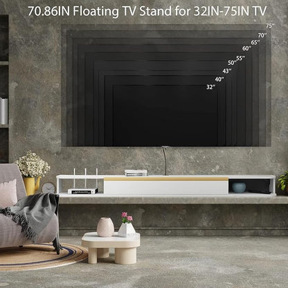 Floating TV Stand, 71'' Wall Mounted Entertainment Center TV Media Console, Floating Shelves with Door, Floating TV Cabinet Large Storage TV Bench for Living Room (White, 70.86IN)
