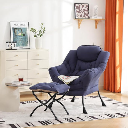 Cozy Lazy Chair and Ottoman, Large Contemporary Accent Lounge Chair Set, Leisure Upholstered Reading Armchair for Bedroom, Living Room, Dorm Rooms, Office