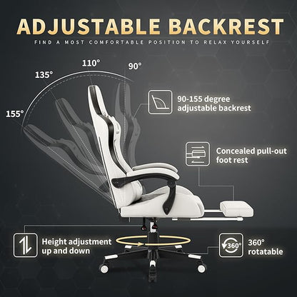 Gaming Chair, 400 lbs Adult Chair, High Back Computer Chair with Footrest and Linked Armrests, Office Video Game Chair with Lumbar Support(White)