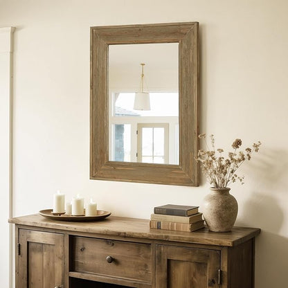 WallBeyond Rustic Wood Framed Mirror, 24" x 32" Farmhouse Decorative Wall Mirror, Vintage Solid Wood Rectangular for Bathroom, Entryway & Living Room, Natural