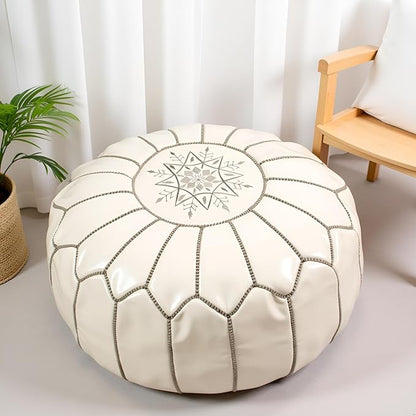 Stuffed Round Design Moroccan Leather Pouf Ottoman, Handmade, Pre-Filled, 100% Genuine Leather, 13” Height x 20” Diameter, Footstool & Living Room Décor (White with Grey Stitches)