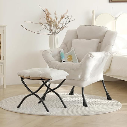 Lazy Chair with Ottoman, Modern Large Accent Lounge Chair with a Pillow, Leisure Sofa Armchair with Ottoman, Reading Chair with Footrest for Bedroom, Living Room, Dorm Room,Peach Beige