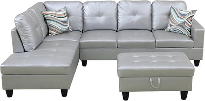 NicBex Sectional Couch 3 Pieces Sofa Set with Right Chaise Synthetic Leather L Shaped Cloud Couch for Living Room Furniture Sets with Storage Ottoman, Modular Sofa for Living Room & Apartment, Silver