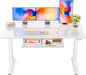 Marsail Glass Standing Desk with Drawer, 55 x 28 Inches Adjustable Desk, Home Office Desks with One-Piece Tempered Glass Top, Ergonomic Home Office Sit Stand Desk with 4 Preset Heights, White