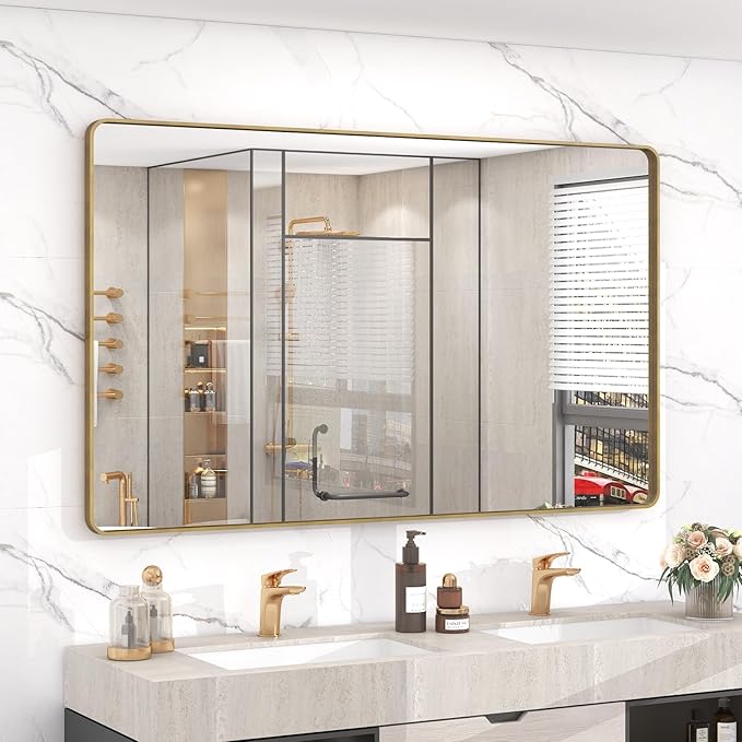 48x30 Inch Gold Bathroom Mirror for Wall, Brushed Brass Metal Framed Gold Vanity Mirror, Rounded Rectangle Golden Mirror, Shatterproof, Anti-Rust (Horizontal/Vertical)