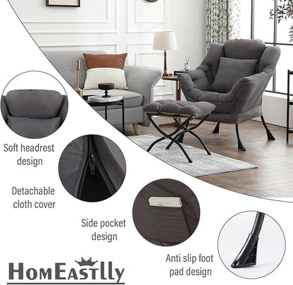 Large Lazy Chair with Ottoman, Accent Reading Chair with a Throw Pillow, Cozy Lounge Chair with Armrest, Leisure Sofa Chair for Living Room, Bedroom, Dorm, Dark Grey