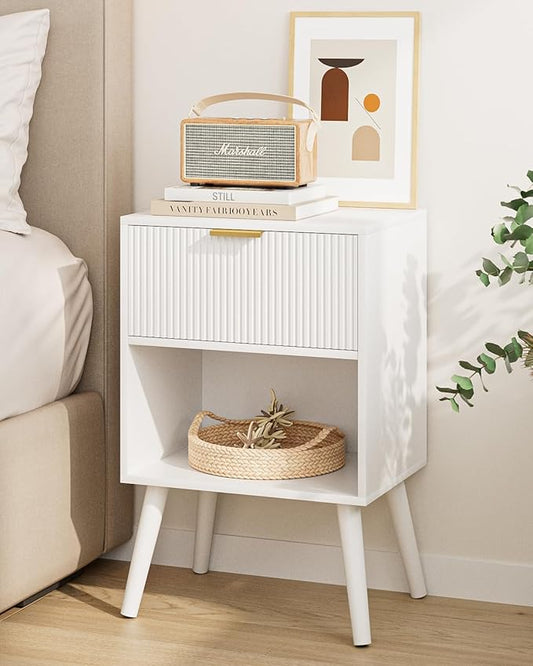 Nightstand, Small Side Table, Bedside Table with Drawer, Modern Night Stand, End Table for Bedroom, Living Room (White Stripe)