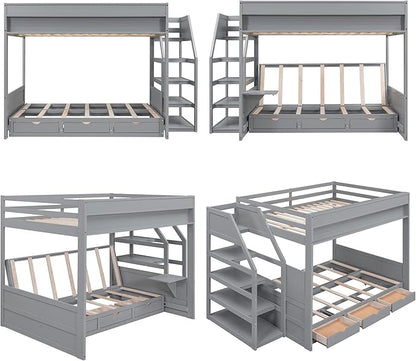 Full Size Wood Bunk Bed with Storage Staircase, Bedside Table, and 3 Drawers,Convertible Down BedFrame,No Box Spring Required,for Kids Boys Girls Teens, Gray
