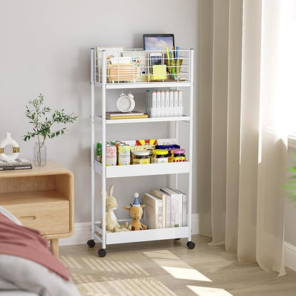 KINGRACK Slim Storage Cart, 4-Tier Metal Utility Rolling Cart with Wheels, Narrow Mobile Shelving Unit, Bathroom Storage Organizer, for Office, Kitchen Bathroom, Laundry Room, Narrow Places, White