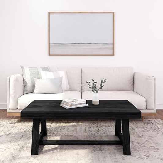Plank+Beam Classic Rectangular Coffee Table, 48 Inch Farmhouse Coffee Table, Mini Center Tables for Small Spaces, Small Living Space Tea Table, Black Wirebrush