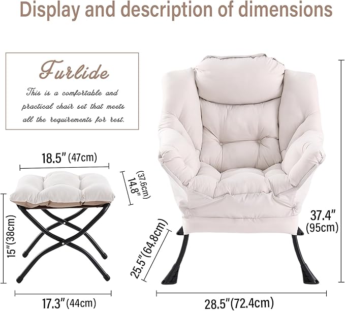 Lazy Chair with Ottoman, Modern Chair with Folding Footrest, Lounge Accent Chair, Comfortable Reading Chair, Oversized Armchairs for Bedroom, Study, Living Room, Courtyard (Beige