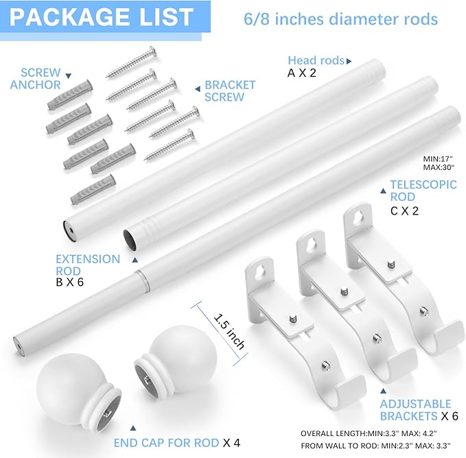 Curtain Rods for Windows 16 to 76 Inches, Curtain Rod Max Adjustable Length of 88 IN, 6/8" Diameter Drapery Rods Round Finials, White, Pack of 2