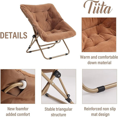 Tiita FoldedChair with Ottoman, Soft Faux Fur Oversized Folding Accent Chair,Lounge Lazy Chair, Metal Frame Moon Chair for Bedroom, Living Room, Dorm Rooms, Garden and Courtyard