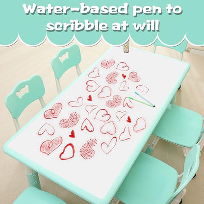 Children's Table and Chair Set Suitable for Boys and Girls Age 2-12 Height Adjustable Table top Can be Painted with 6 Seats Suitable for Family Learning Daily use (Mint Green)