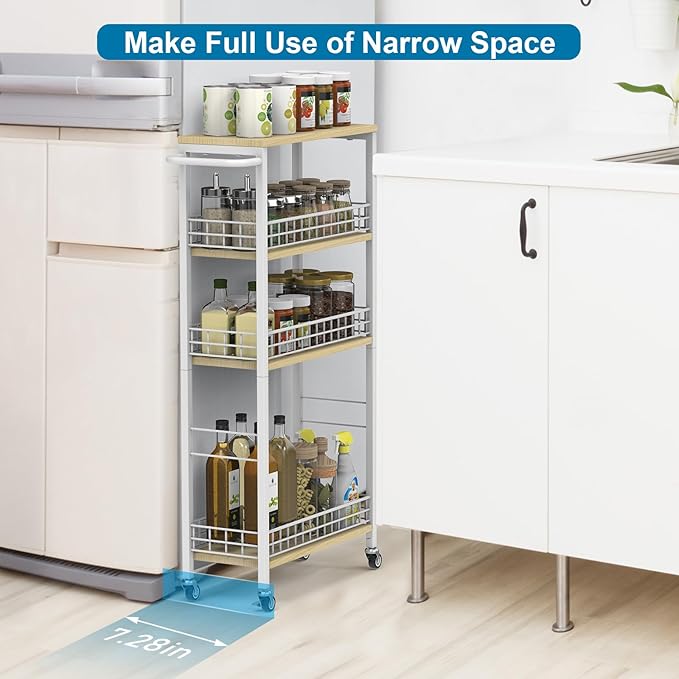 YBING Slim Storage Cart 4-Tier Rolling Kitchen Utility Cart White Narrow Laundry Storage Cart on Wheels and Wood Table Top Mobile Shelving Unit Organizer Trolley for Bathroom Small Space 7.3" W